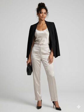 St. John Couture Champagne Satin Straight Leg Trousers | Size 6